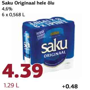 Allahindlus - Saku Originaal hele õlu 4,6% 6 x 0,568 L