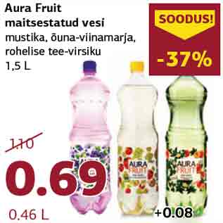 Allahindlus - Aura Fruit maitsestatud vesi mustika, õuna-viinamarja, rohelise tee-virsiku 1,5 L