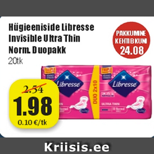 Allahindlus - Hügieeniside Libresse Invisible Ultra Thin Norm. Duopakk 20 tk