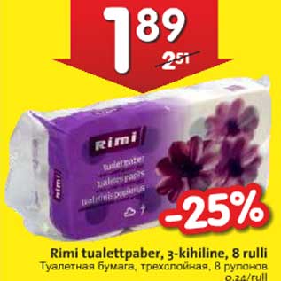 Allahindlus - Rimi tualettpaber, 3-kihiline, 8 rulli