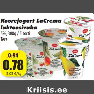 Allahindlus - Koorejogurt LaCrema laktoosivaba 5%, 380g / 5 sorti Tere