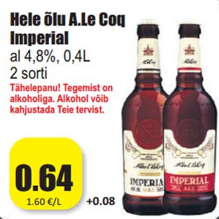 Allahindlus - Hele õlu A.Le Coq Imperial al 4,8%, 0,4L 2 sorti