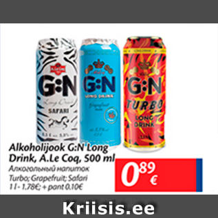 Allahindlus - Alkohoolijook G:N Long Drink, A.Le Coq, 500 ml