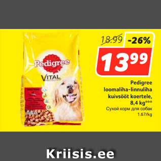 Allahindlus - Pedigree loomaliha-linnuliha kuivsööt koertele, 8,4 kg***