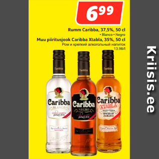 Allahindlus - Rumm Caribba, 37,5%, 50 cl • Blanco • Negro; Muu piiritusjook Caribba Xtabla, 35%, 50 cl