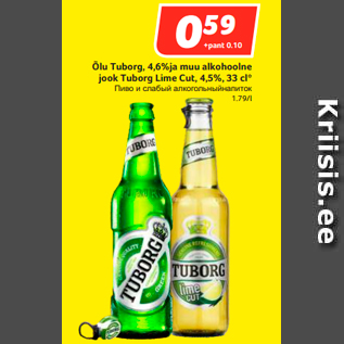 Allahindlus - Õlu Tuborg, 4,6% ja muu alkohoolne jook Tuborg Lime Cut, 4,5%, 33 cl*