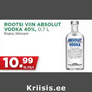 Allahindlus - ROOTSI VIIN ABSOLUT VODKA 40%, 0,7 L