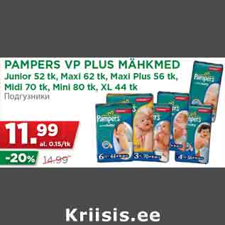 Allahindlus - PAMPERS VP PLUS MÄHKMED Junior 52 tk, Maxi 62 tk, Maxi Plus 56 tk, Midi 70 tk, Mini 80 tk, XL 44 tk