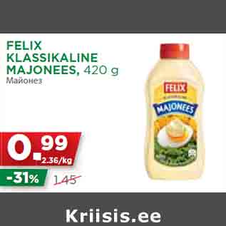 Allahindlus - FELIX KLASSIKALINE MAJONEES, 420 g