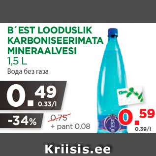 Allahindlus - B´EST LOODUSLIK KARBONISEERIMATA MINERAALVESI 1,5 L