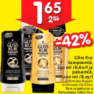 Allahindlus - Gliss Kur šampoonid, 250 ml /6.60/l ja palsamid, 200 ml /8.25/l