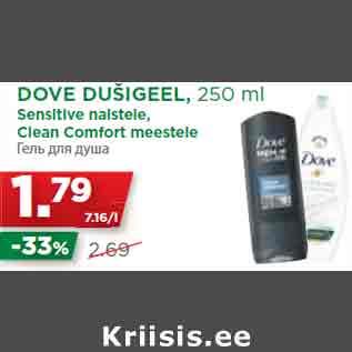 Allahindlus - DOVE DUŠIGEEL, 250 ml Sensitive naistele, Clean Comfort meestele