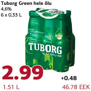 Allahindlus - Tuborg Green hele õlu 4,6% 6 x 0,33 L