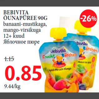 Allahindlus - BEBIVITA ÕUNAPÜREE 90G banaani-mustikaga,mango-virsikuga 12+ kuud