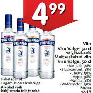 Allahindlus - Viin Viru Valge, 50 cl •originaal, 40% Maitsestatud viin Viru Valge, 50 cl