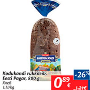 Allahindlus - Kodukandi rukkileib, Eesti Pagar, 800 g