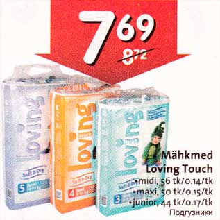 Allahindlus - Mähkmed Loving Touch .midi,56tk/0,14/tk .maxi,50 tk/0.15/tk .junior, 44tk/0.17/tk