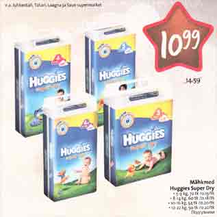 Allahindlus - Мihkmеd Huggies Super Dry . 5-9 ks, 72 tk /0.15/tk . 8-14 kg, 60 tk /0.18/tk . 10-16 kg, 54 tk /0.20/tk . 12-22 kg, 50 tk /0.22/tk