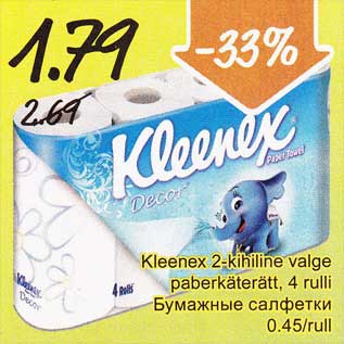 Allahindlus - Kleenex 2-kihiline valge paberkäterätt, 4 rulli