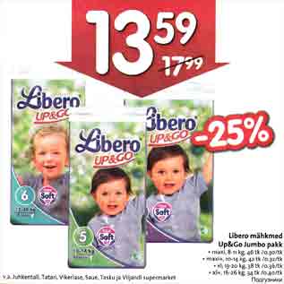 Allahindlus - Libero mähkmе Up&Go Jumbo pakk . maxi, 8-1l kg,46 tk /о.зо/tk . maxi+, 10-14 kg,42 tk /0,32/tk . xl, l3-20 kg, 38 tk /0.36/tk . xl+, l6-26 kg, 34 tk /0.40/tk