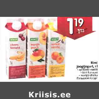 Allahindlus - Rimi joogijogurt, 1 l . aprikoosi-vanilli . kirsi-banaani . mango-virsiku