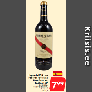 Allahindlus - Hispaania KPN vein Federico Paternina Rioja Reserva, 13,5%, 75 cl*