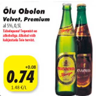 Allahindlus - Õlu Obolon Velvet, Premium fl 5%, 0,5l