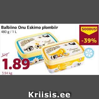 Allahindlus - Balbiino Onu Eskimo plombiir 480 g / 1 L