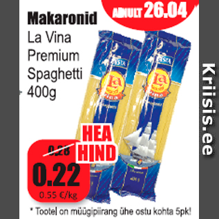 Allahindlus - Makaronid La Vina Premium Spaghetti 400 g