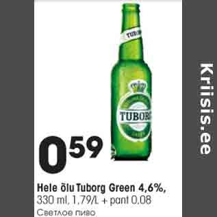 Allahindlus - Hele õlu Tuborg Green 4,6%, 330 ml, 1,79/L + pant 0,08