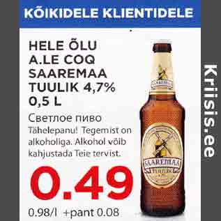 Allahindlus - HELE A.LE COQ SAAREMAA TULIK 4,7%,0,5 L