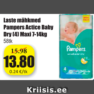 Allahindlus - Laste mähkmed Pampers Actice Baby Dry (4) Maxi 4-14 kg, 58 tk