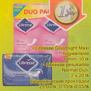 Allahindlus - Libresse Goodnight Maxi hügieenside 6:mm, 10 tk .Libresse pesukaitse Nоrmаl Duo,2x20tk