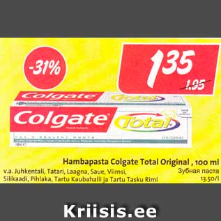 Allahindlus - Hambapasta Colgate Total Original , 100 ml