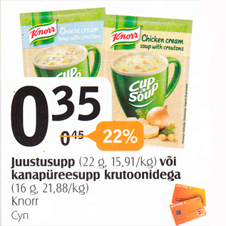 Allahindlus - Juustusupp (22 g) või kanapüreesupp krutoonidega (16 g) Knorr