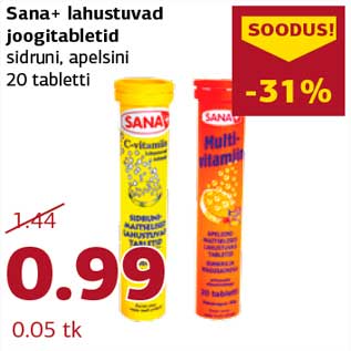 Allahindlus - Sana+ lahustuvad joogitabletid sidruni, apelsini 20 tabletti