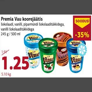 Allahindlus - Premia Vau koorejäätis šokolaadi, vanilli, piparmündi šokolaaditükkidega,vanilli šokolaaditükkidega 245 g / 500 ml