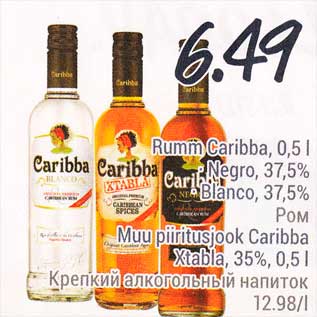 Allahindlus - Rumm Caribba, 0,5 l .Negro, 37,5% .Blanco, 37,5%; Muu piiritusjook Caribba Xtabla, 35%, 0,5 l