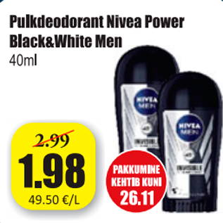 Allahindlus - Pulkdeodorant Nivea Power Black&White Men 40 ml