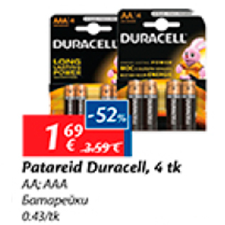 Allahindlus - Patareid Duracell, 4 tk