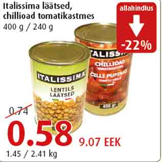 Allahindlus - Italissima läätsed,chillioad tomatikastmes