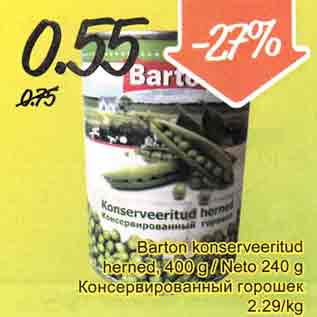 Allahindlus - Barton konserveeritud herned 400 g/neto 240 g