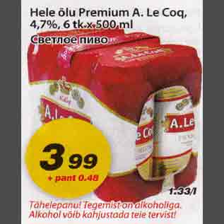 Allahindlus - Hele õlu Premium A.Le Cog, 4,7%, 6tk x 500ml