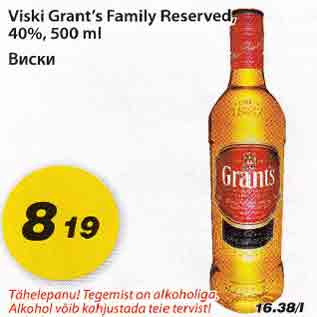 Allahindlus - Viski Grant"s Family Reserved, 40%, 500ml