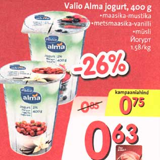 Allahindlus - Valio Alma jogurt, 400g *masika-mustika *metsmaasika-vanilli *müsli