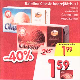 Allahindlus - Balbiino Classic koorejäätis, 1l *vanilli *šokolaadi