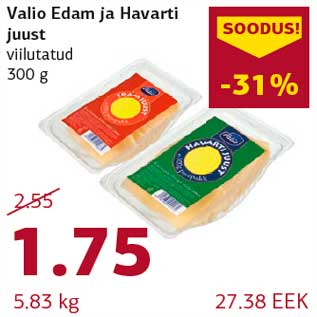 Allahindlus - Valio Edam ja Havarti juust viilutatud 300 g