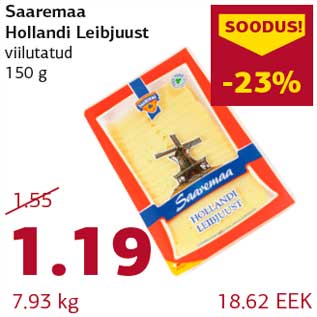 Allahindlus - Saaremaa Hollandi Leibjuust viilutatud 150 g