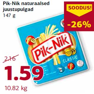 Allahindlus - Pik-Nik naturaalsed juustupulgad 147 g