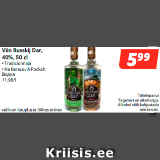 Allahindlus - Viin Russkij Dar, 40%, 50 cl